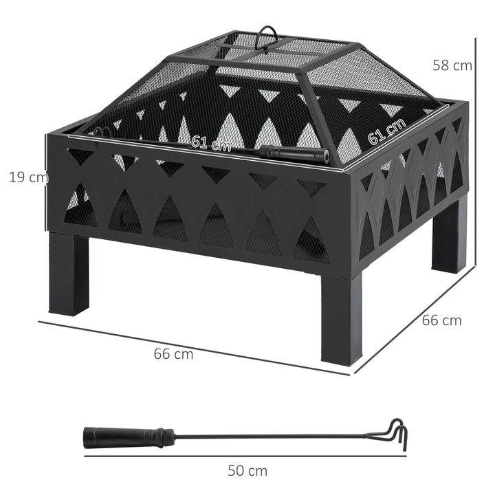 66cm Outdoor Fire Pit with Screen Cover, Wood Burner, Log Burning Firepit Bowl with Poker for Patio, Backyard, Black