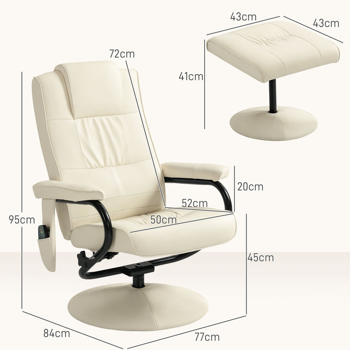 Swivel Recliner Chair and Footstool, Faux Leather Massage Recliner Armchair with Remote Control and Round Wrapped Base, Cream White