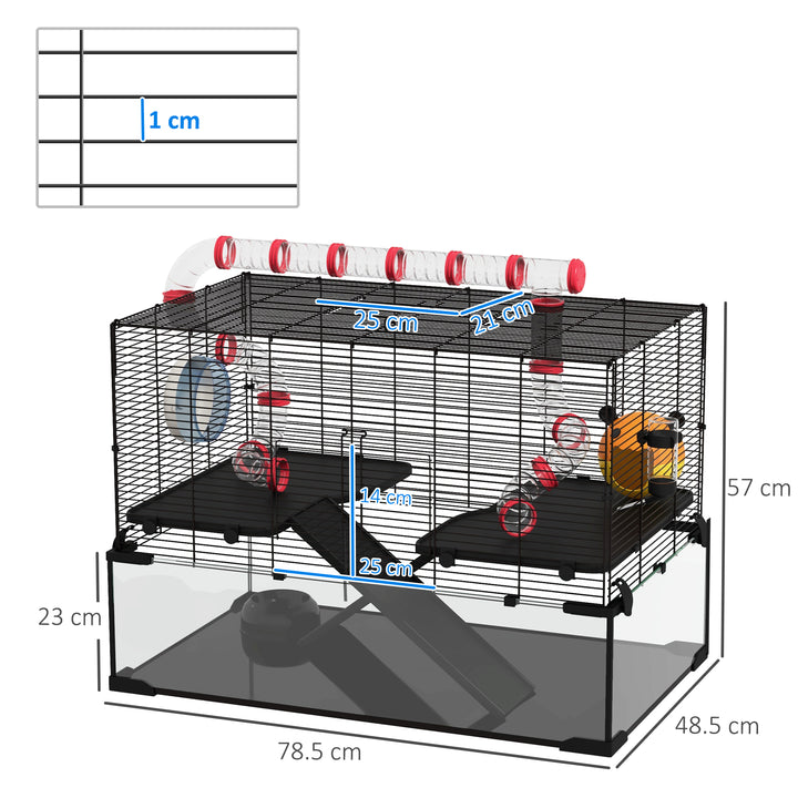 PawHut Gerbil Cage Dwarf Hamster with Deep Glass Bottom, Tunnels Tubes, Ramps, Hut, Exercise Wheel, 78.5 x 48.5 x 57cm