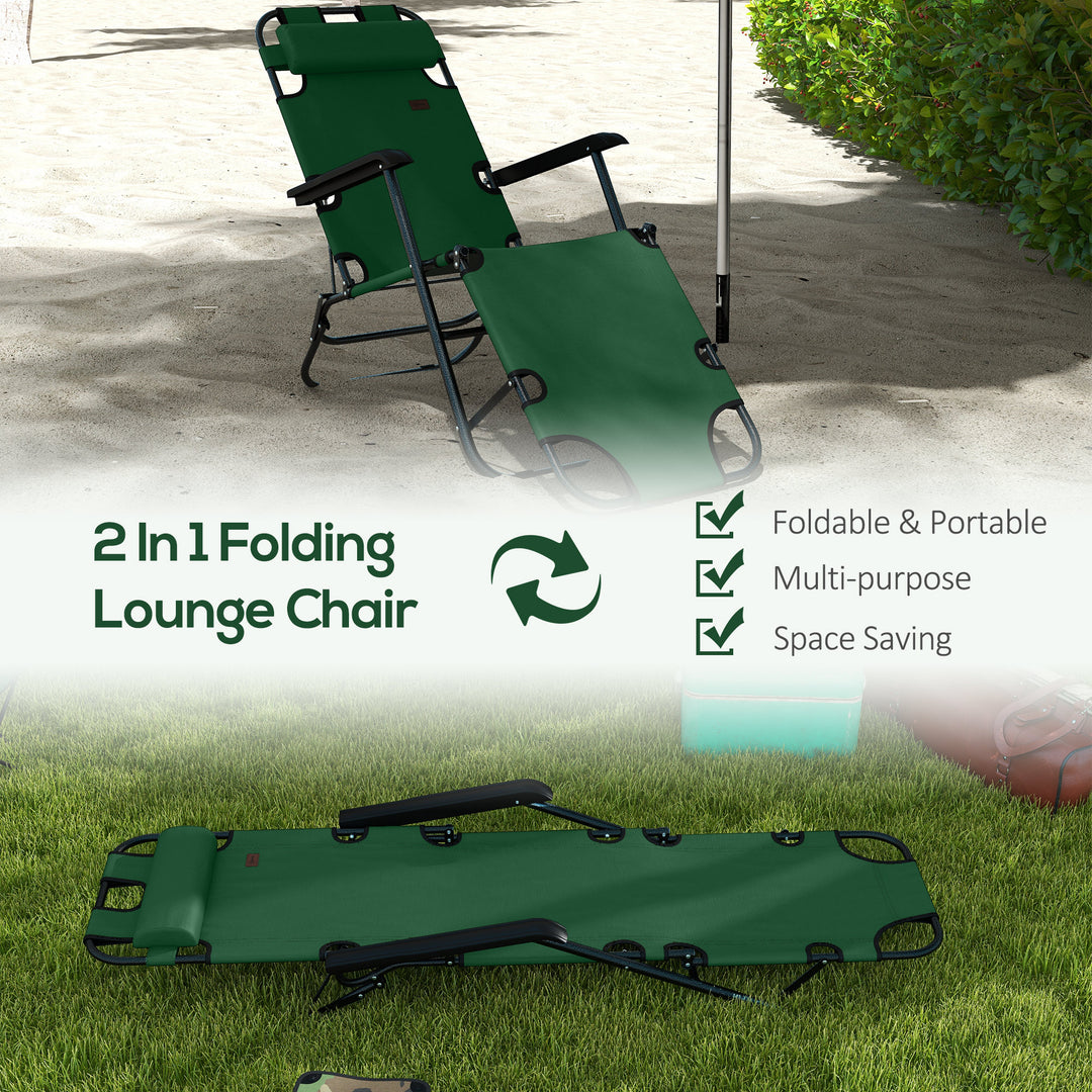 2 in 1 Sun Lounger Folding Reclining Chair Garden Outdoor Camping Adjustable Back with Pillow, Green