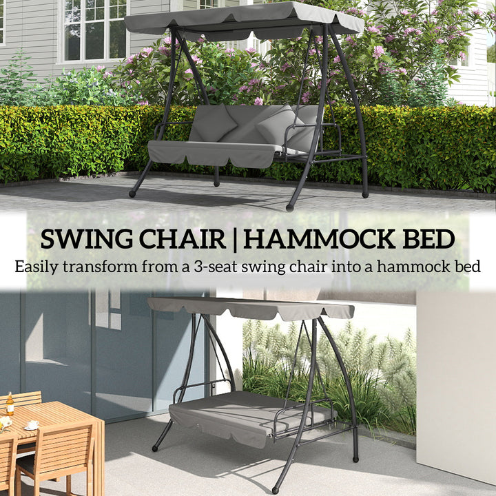 Outdoor 2-in-1 Swing Chair Lounger 3 Seater Garden Swing Seat Bed Convertible Tilt Canopy W/ Cushion, Light Grey