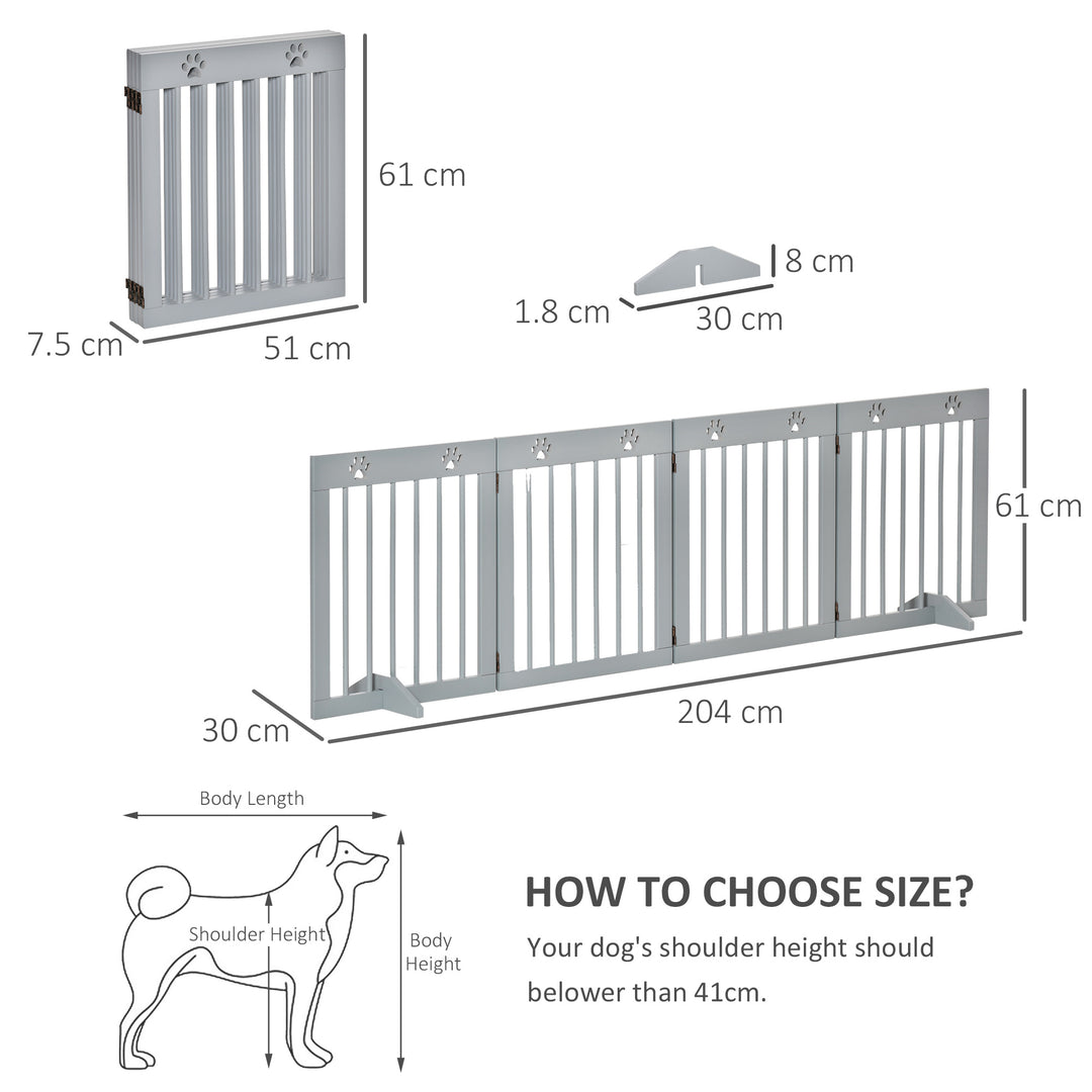 PawHut Pet Gate 4 Panel Wooden Dog Barrier Freestanding Folding Safety Fence with Support Feet up to 204cm Long 61cm Tall Light Grey