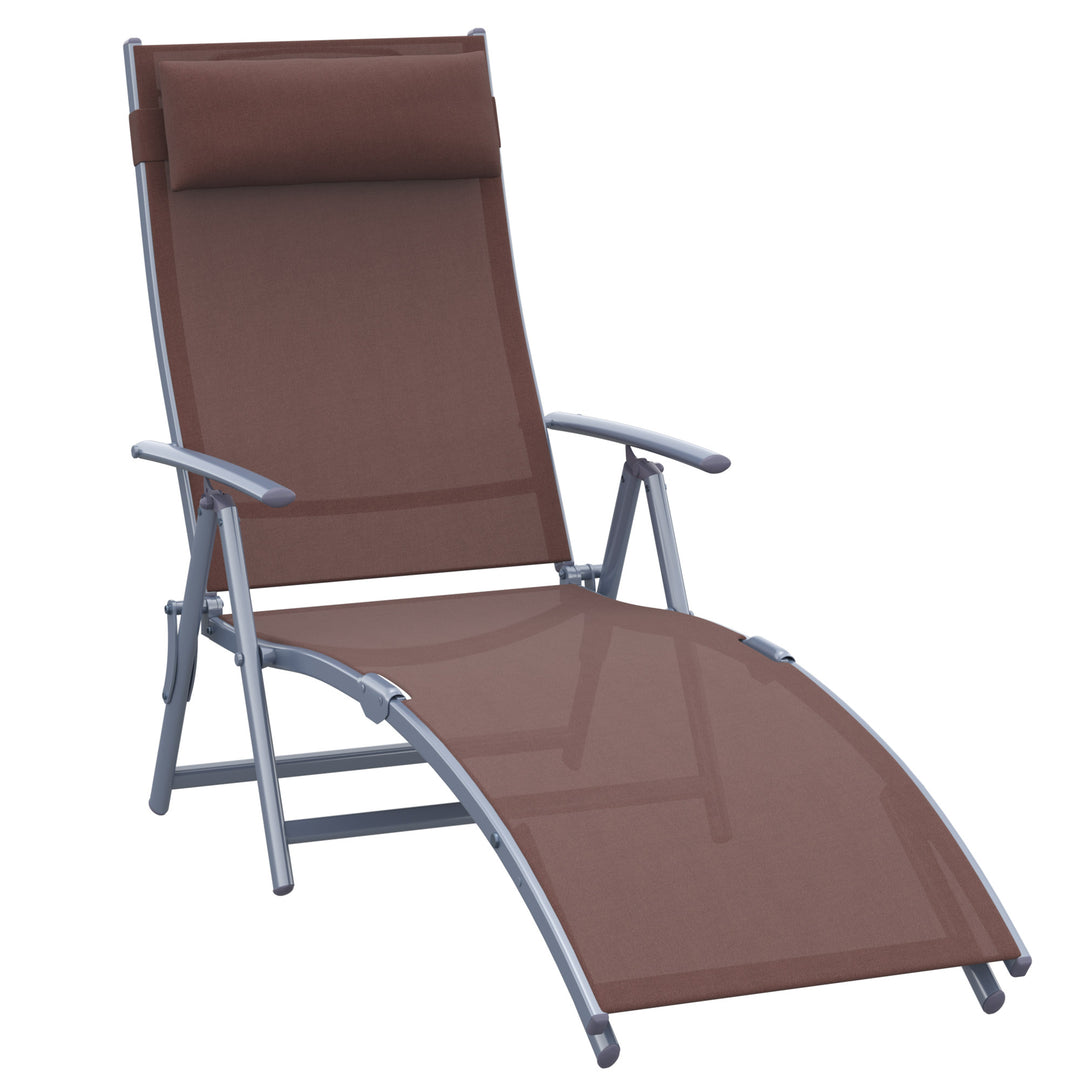 Sun Lounger Steel Frame Outdoor Folding Chaise Texteline Lounge Chair Recliner with Headrest & 7 Levels Adjustable Backrest, Brown