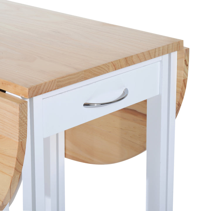 3 Pieces Dining Room Set, Mobile Foldable Dining Table and 2 Stools with Storage Shelf, 2 Drawers and 6 Wheels, Drop Leaf Bar Table and Stools for Home Kitchen Pub, White