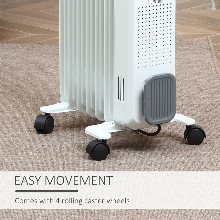 MCL 1500W Oil Filled Radiator, 7 Fin, Portable Electric Heater with 3 Heat Settings, Safety Cut-Off and Wheels, White
