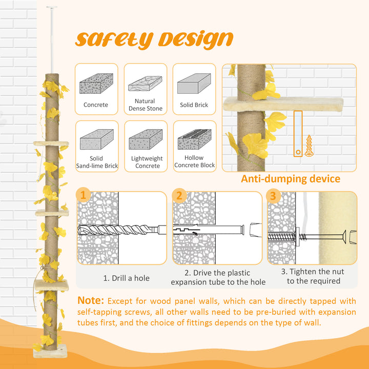 242cm Adjustable Floor-To-Ceiling Cat Tree, with Artificial Decoration, Perches, Anti-Slip Kit - Yellow
