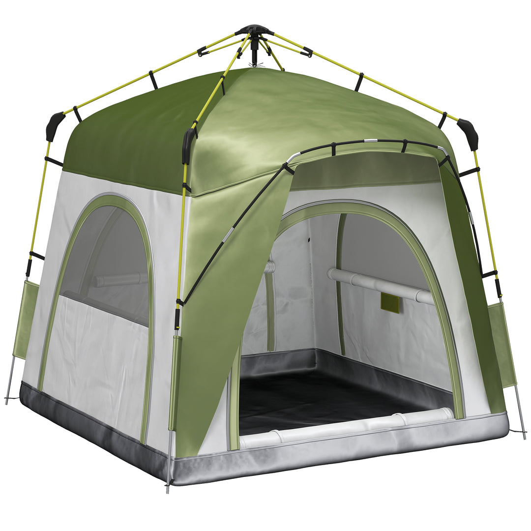 MCL Instant Pop Up Camping Tent, 4 Man Dome Tent with 4 Doors, Sewn-in Groundsheet, Carry Bag and Top Hook for Fishing Hiking Festival, Green