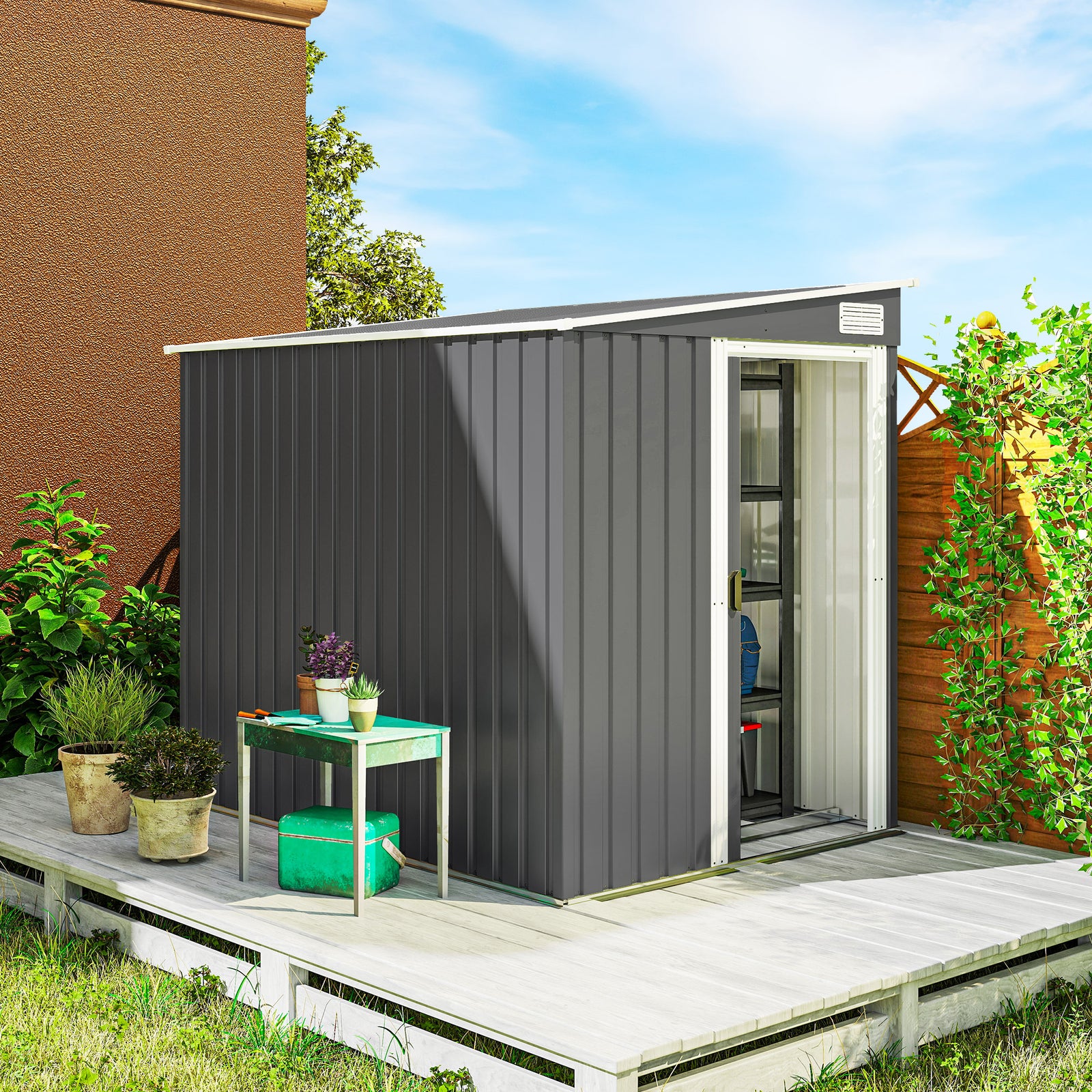 7 x 5ft Galvanised Metal Shed, with Sliding Door - Dark Grey