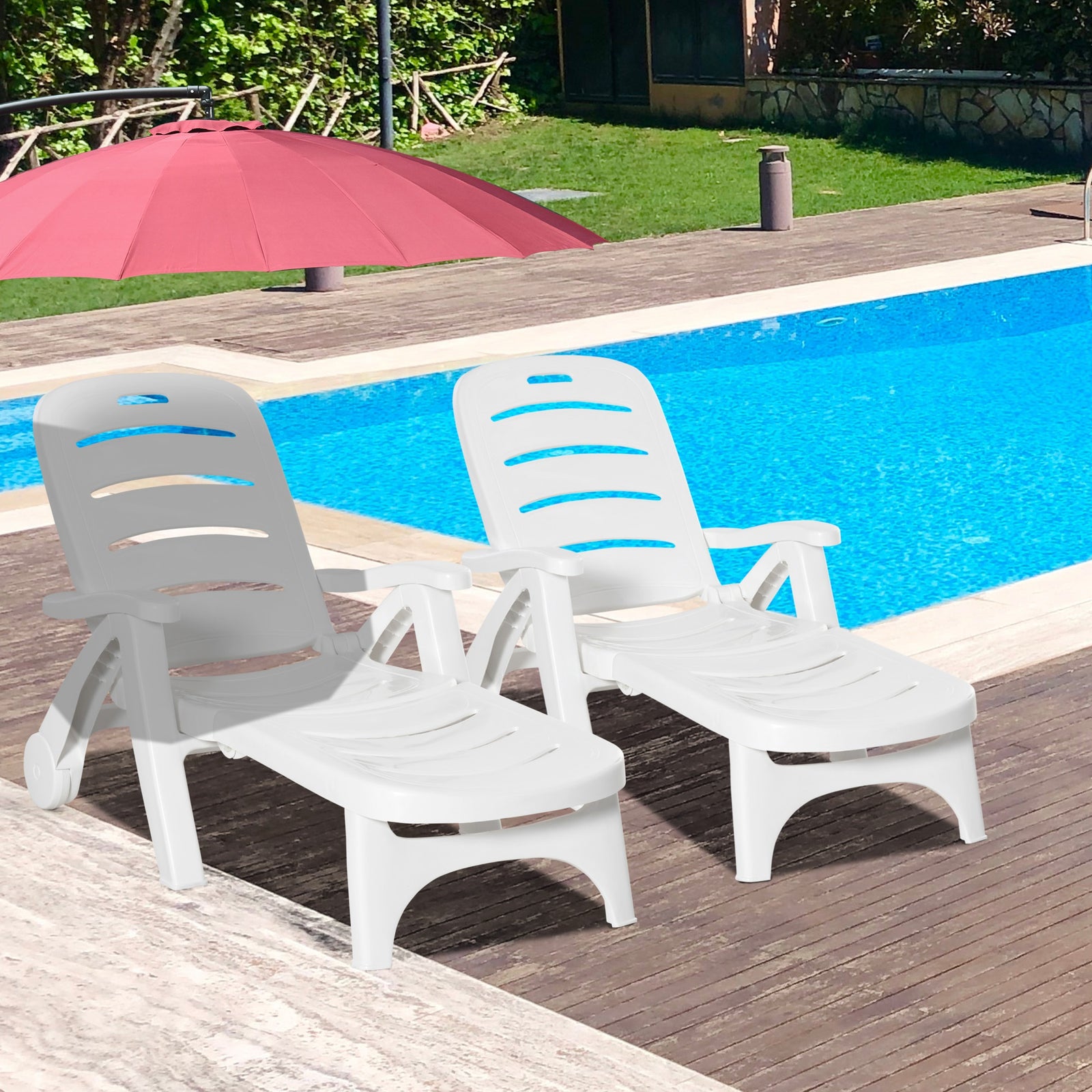 2PCs Outdoor Folding Sun Lounger Recliner on Wheels w/ 5-Position Backrest, White