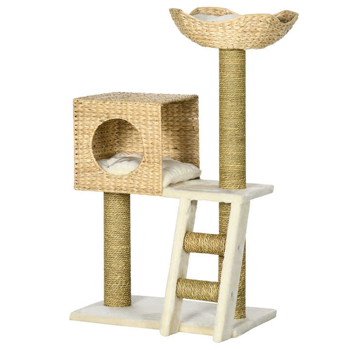 PawHut Cat Tree Tower, Indoor Activity Centre with Scratching Posts, House, Bed, Ladder, and Washable Cushions, Natural Finish | Aosom UK