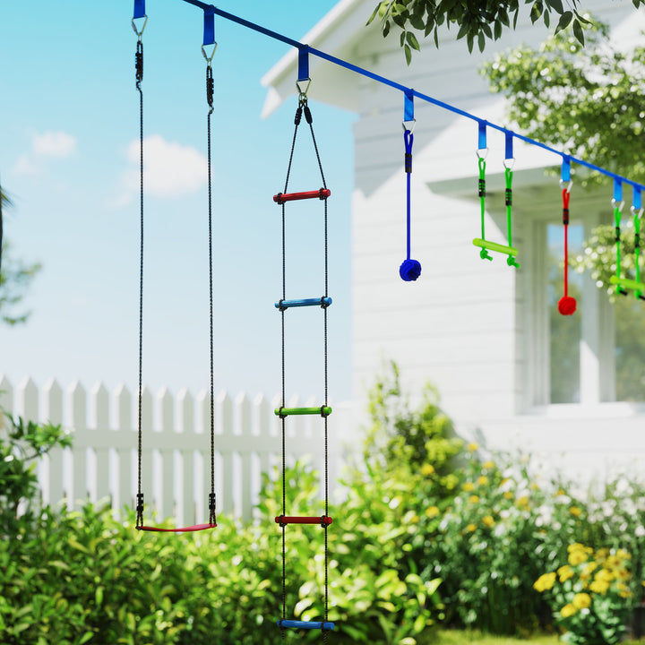 AIYAPLAY 10-Piece Zip Line Kit for Kids with 10m Slackline, Monkey Bars, Swing, Climbing Ladder, Hanging Tray, Metal Rings