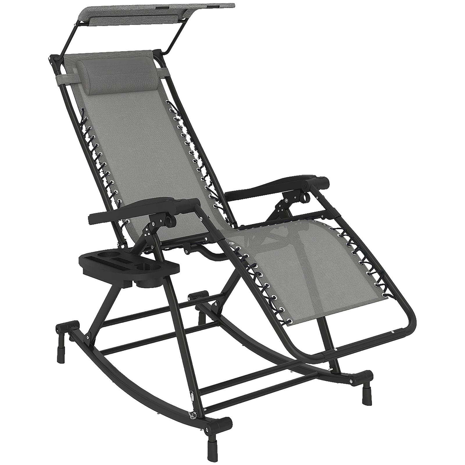 Garden Rocking Chair Folding Recliner Outdoor Adjustable Sun Lounger Rocker Zero-Gravity Seat with Headrest Side Holder Patio Deck - Grey