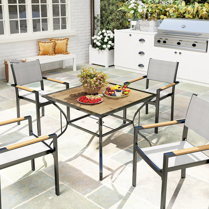 Outsunny Outdoor Garden Table Dining Table for 4 with Parasol Hole, Stone-Grain Effect PC Board Top for Patio, Garden, Brown