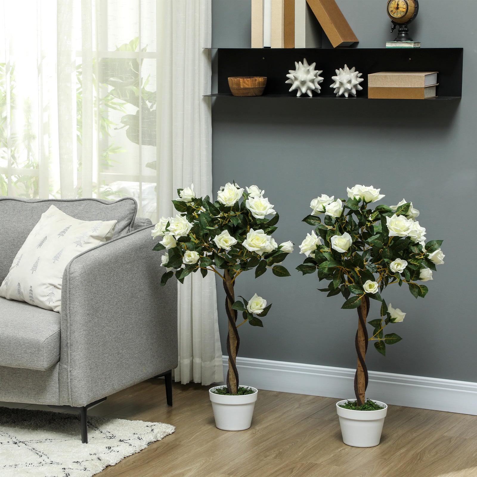 Set of Two Faux Rose Trees - White