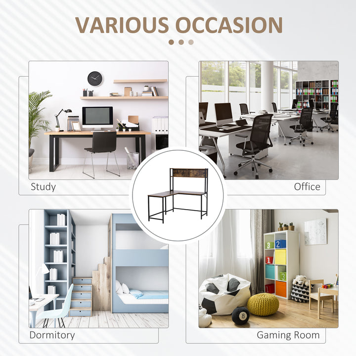L Shaped Desk with Book Shelf, Industrial Corner Computer Desk, Writing Table with Steel Frame for Home Office, Bedroom, Study Room, 140 x 125cm, Brown