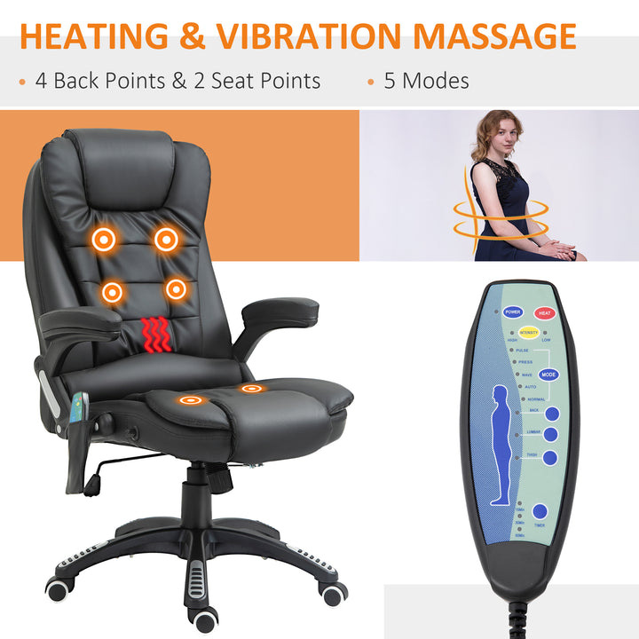 6-Point Massage Office Chair with Seat Heated for Home Office, PU Leather High Back Executive Desk Chair with Adjustable Height and 360° Swivel for Work Study, Black