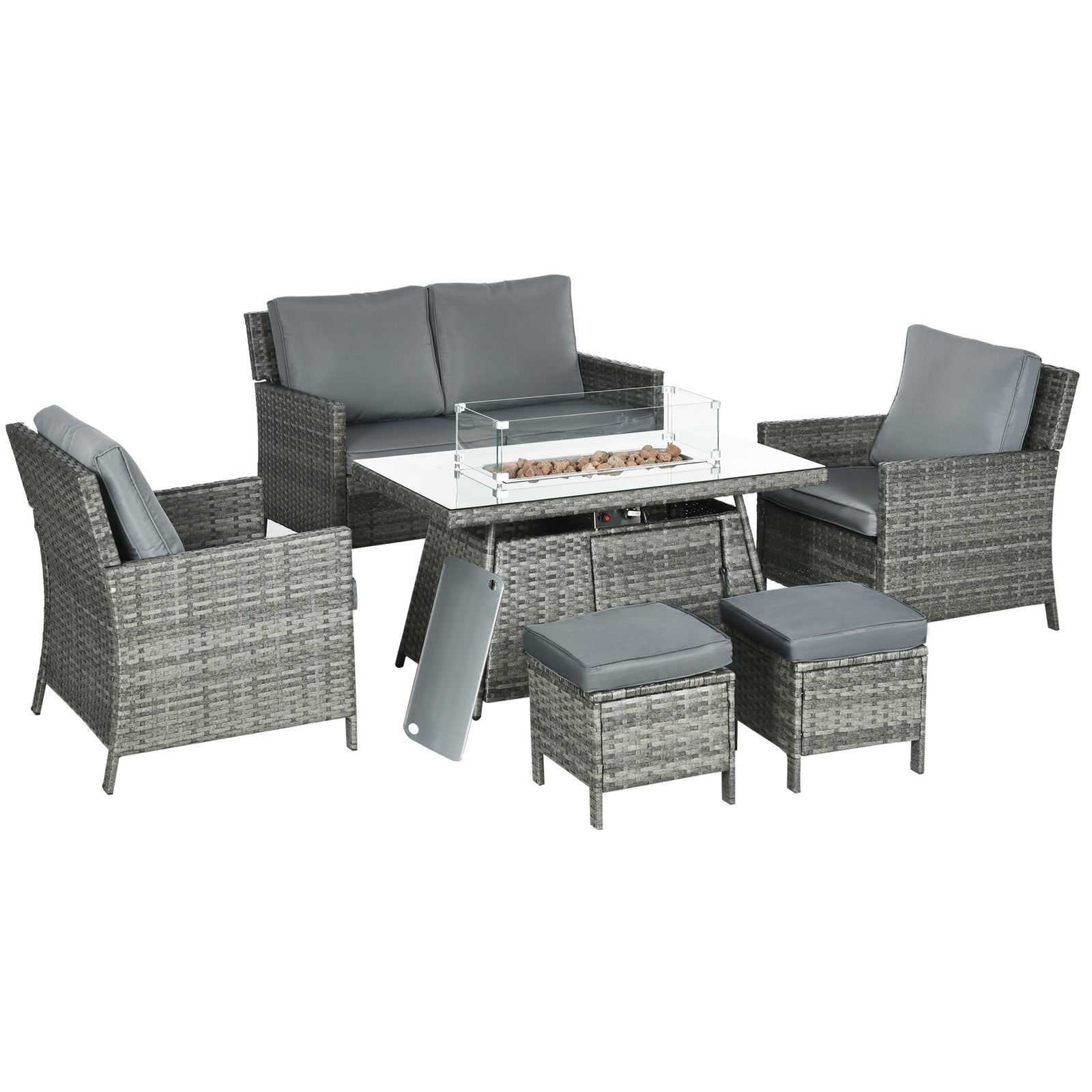 6 Seater Rattan Garden Furniture Set, Gas Fire Pit Table, Wicker Loveseat, 2 Armchairs and 2 Footstools, 6 Piece Patio Rattan furniture Sofa Sets with Cushions for Conservatory, Grey