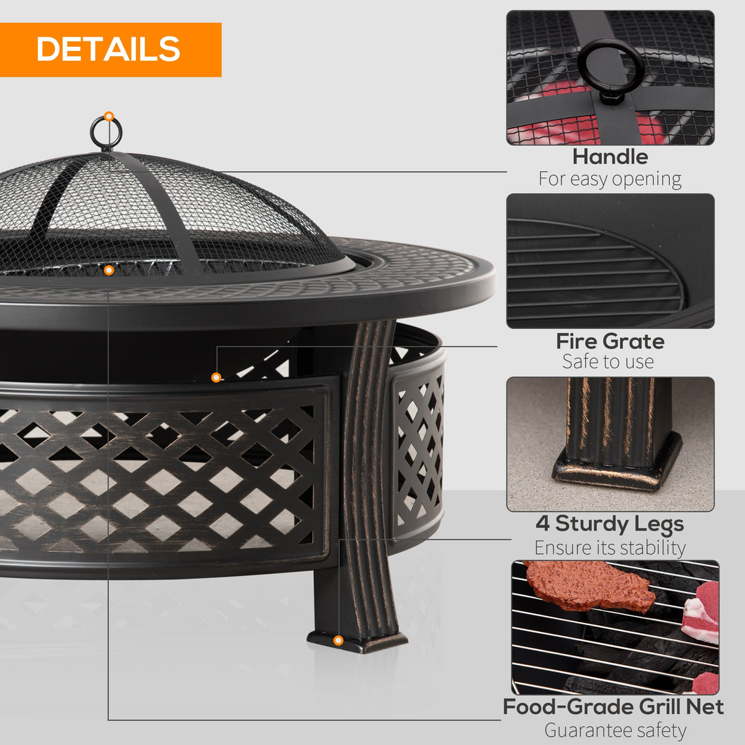 Outdoor Fire Pit, Firepit with Grill Net, Mesh Lid, Poker, for Camping