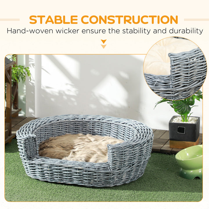Wicker Pet Bed Willow Dog Cat Sofa Couch Puppy Basket with Cushion Grey 57L x 46W x 17.5H cm