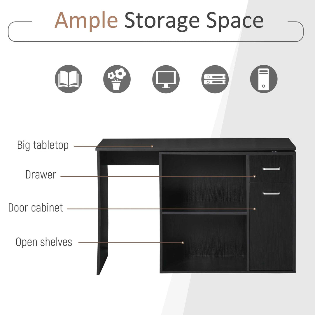 L-Shaped Desk, Corner Computer Desk, Adjustable Study Table with Storage Shelf, Drawer and Cabinet, Workstation for Home Office, Black Wood Grain