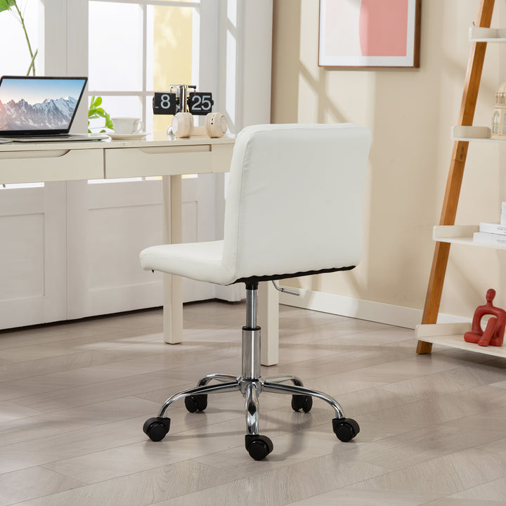 PU Leather Armless Office Chair, Modern Vanity Computer Swivel Chair with Rolling Wheels and Adjustable Height for Home Study, Bedroom, White