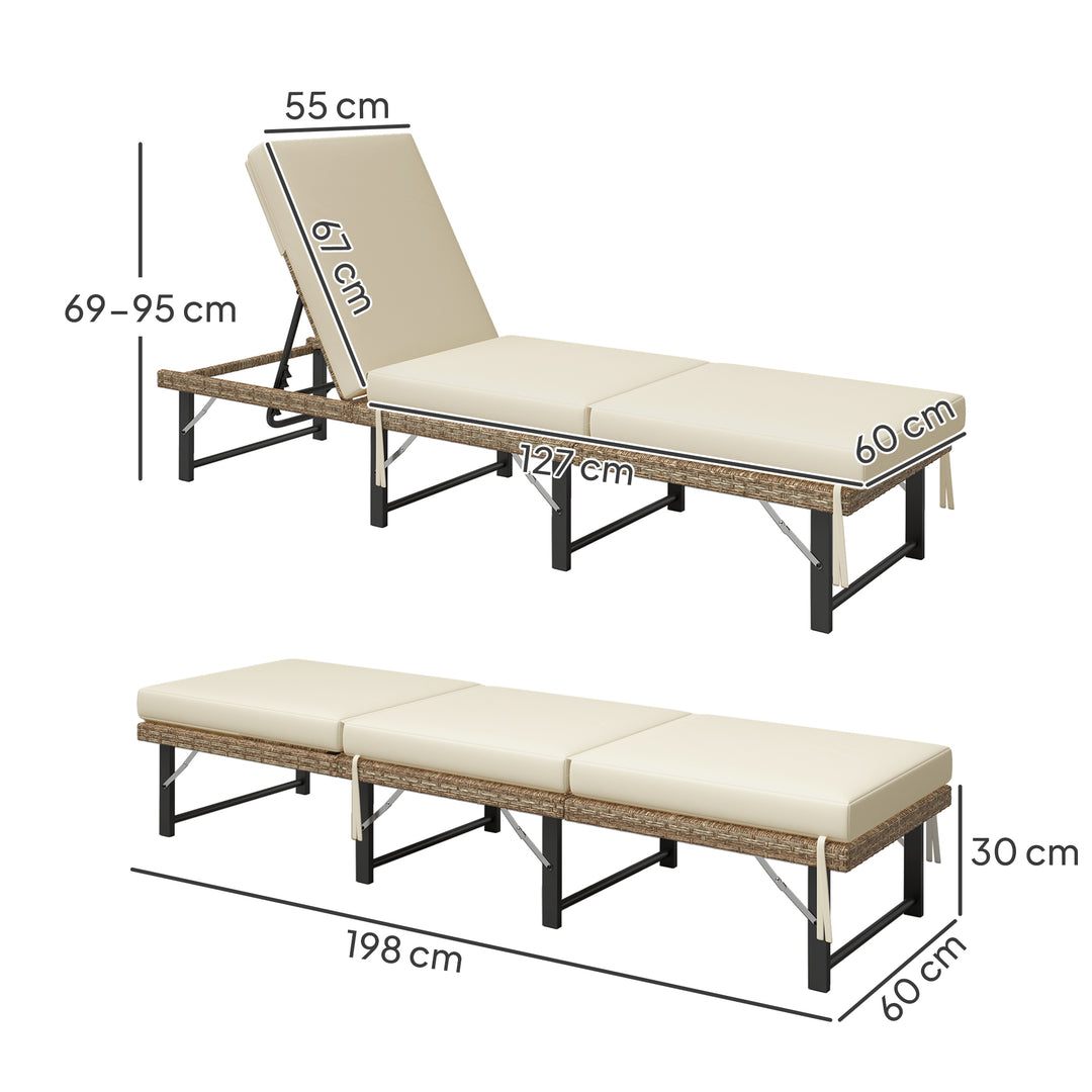 Single Folding Rattan Sun Lounger, with Cushion - Grey