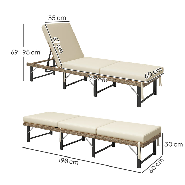 Single Folding Rattan Sun Lounger, with Cushion - Grey