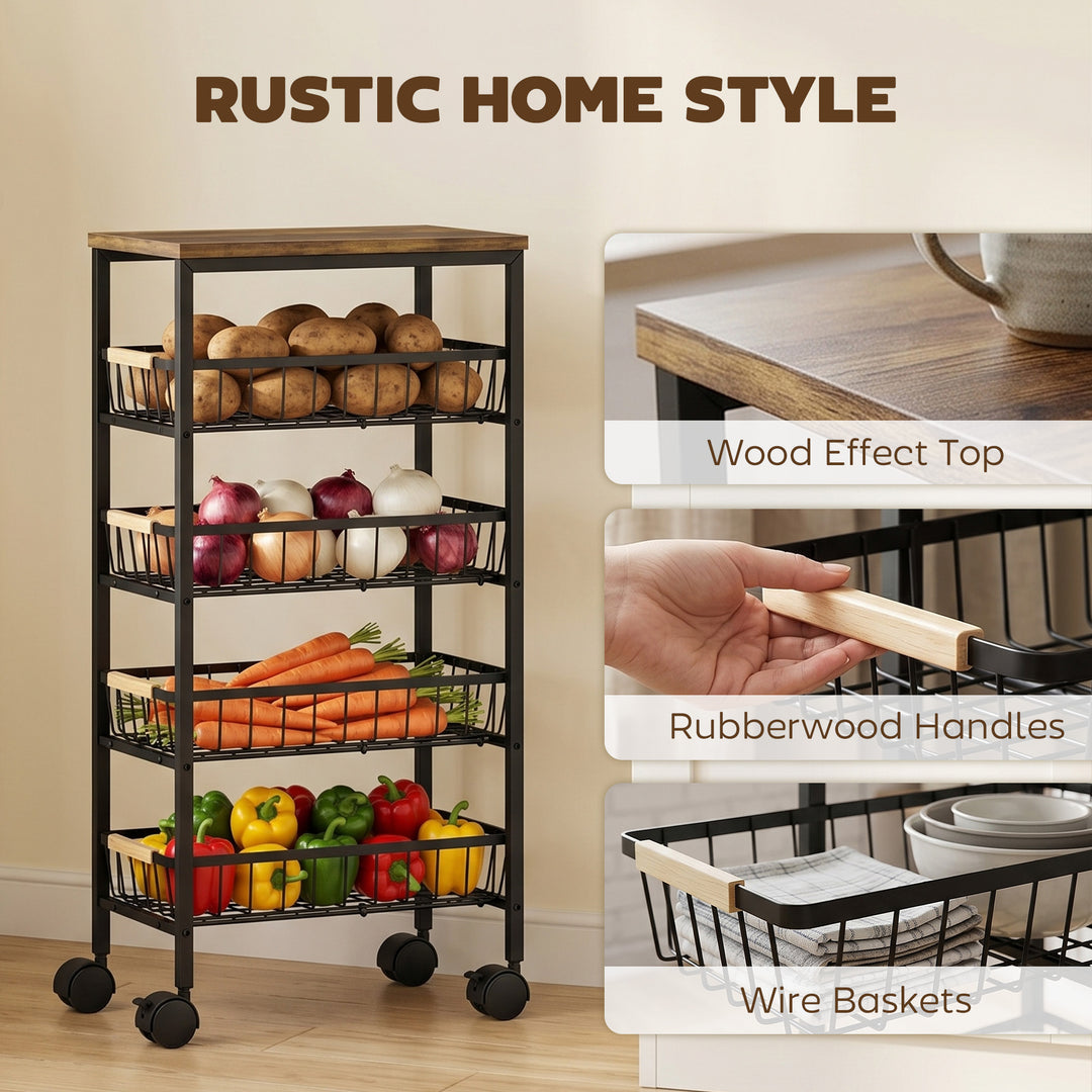 Metal Kitchen Trolley, 4-Tier Storage Trolley with Pull-Out Baskets an