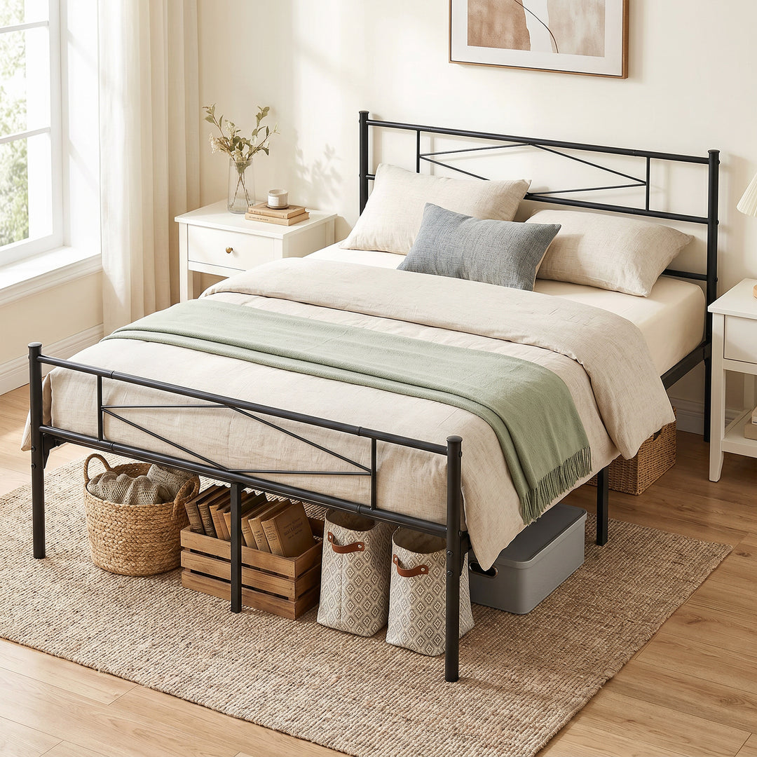 4ft6 Double Bed Frame with Headboard and Footboard, Metal Platform Bed