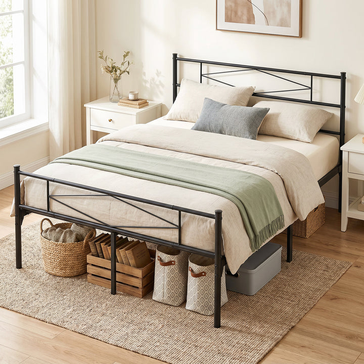 4ft6 Double Bed Frame with Headboard and Footboard, Metal Platform Bed