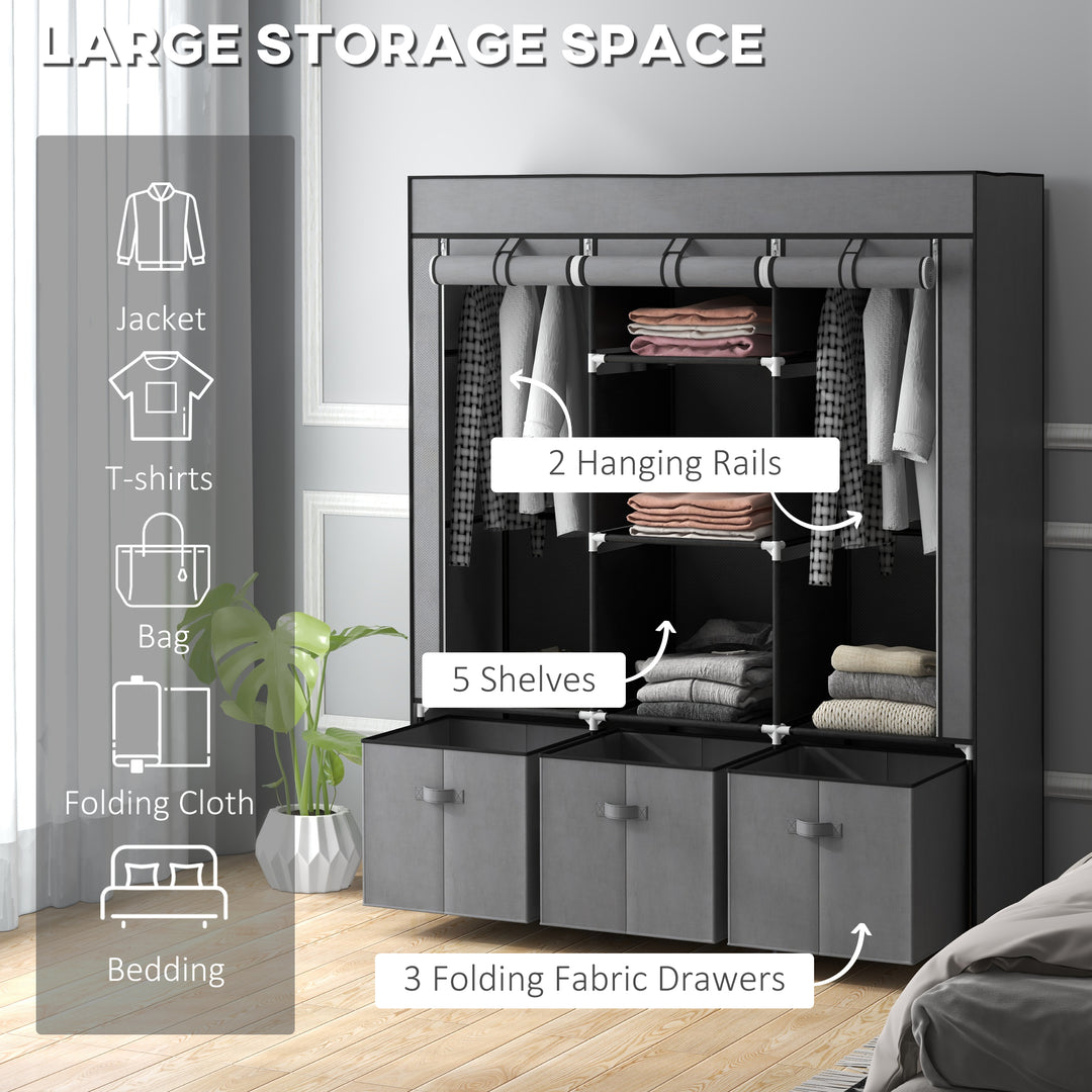 Fabric Wardrobe for Bedroom, Portable Wardrobe with 5 Shelves, 2 Hanging Rails and 3 Fabric Drawers, Foldable Closet, 125 x 43 x 162.5cm, Dark Grey