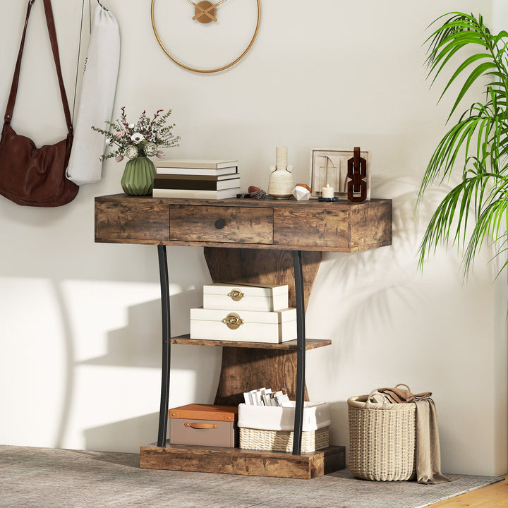 Console Table, 3-Tier Industrial Hallway Table with Drawer, Storage Shelves, 91 x 32 x 87 cm