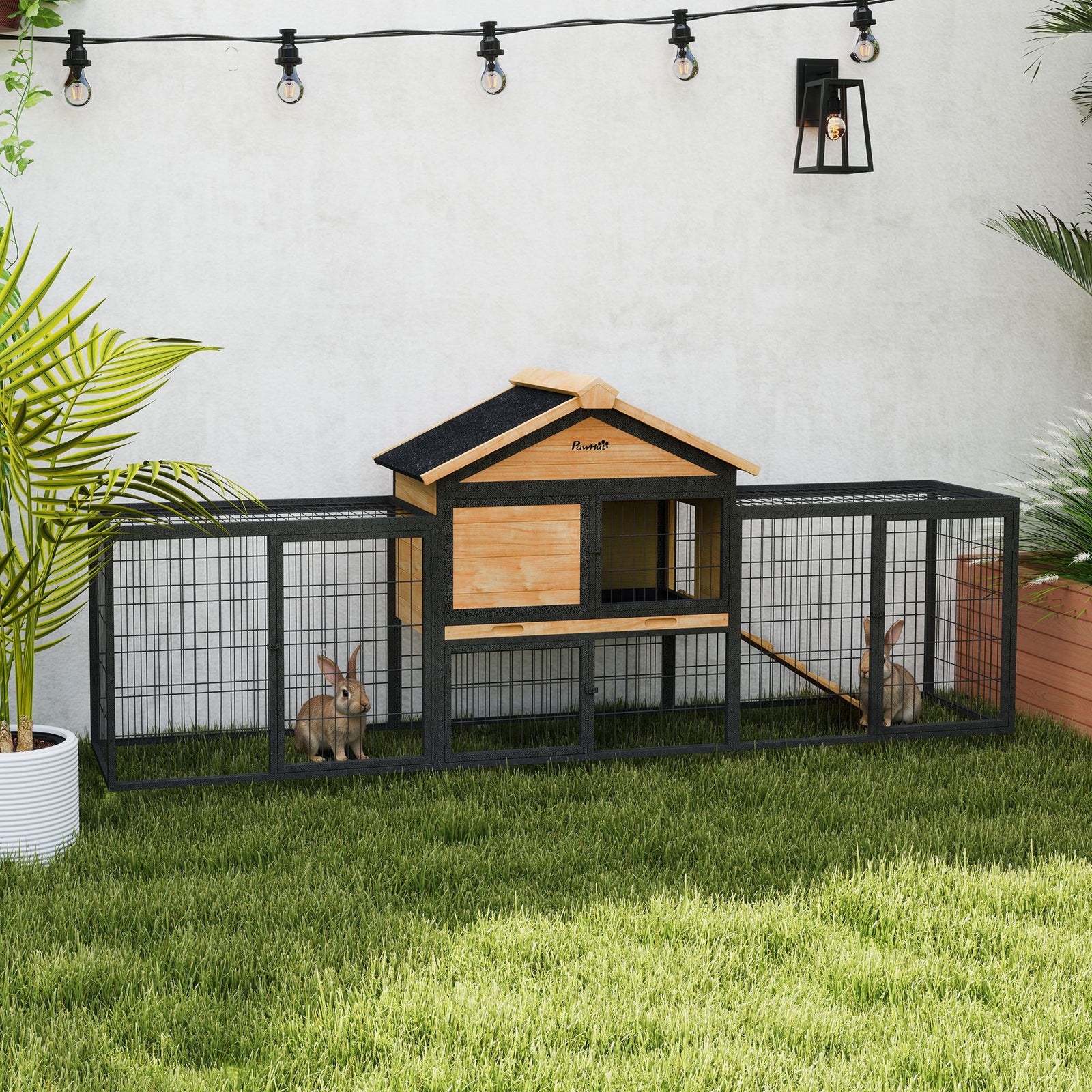 Wooden Rabbit Hutch Outdoor with Steel Run, Wooden Guinea Pig Cage with Removable Plastic Tray, Asphalt Roof, Ramp