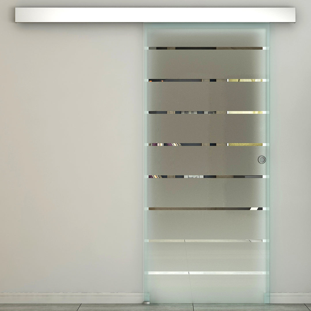 90cm Sliding Glass Door with Hardware Track Kit, Frosted Tempered Glass with Stripe Pattern, Round Handle
