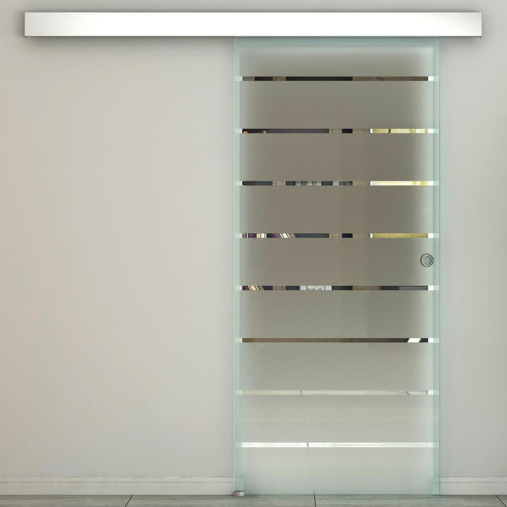 90cm Sliding Glass Door with Hardware Track Kit, Frosted Tempered Glass with Stripe Pattern, Round Handle