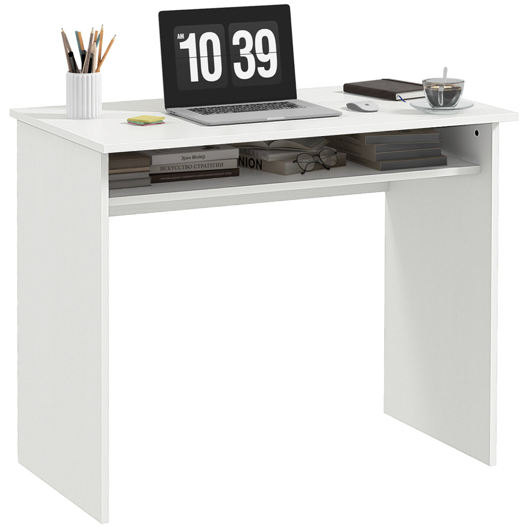 MCL Modern Computer Desk, Home Office Table, Small Writing Desk with Storage Shelf, 90 x 50cm, White Wood Grain