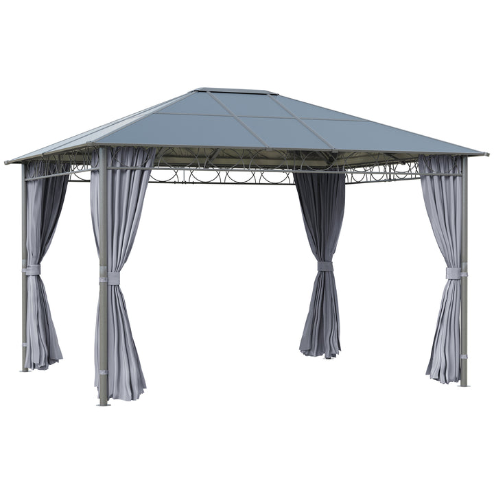 MCL 3 x 3.6m Hardtop Gazebo Canopy with Polycarbonate Roof, Permanent Pavilion Garden Gazebo with Curtains for Patio, Deck, Grey