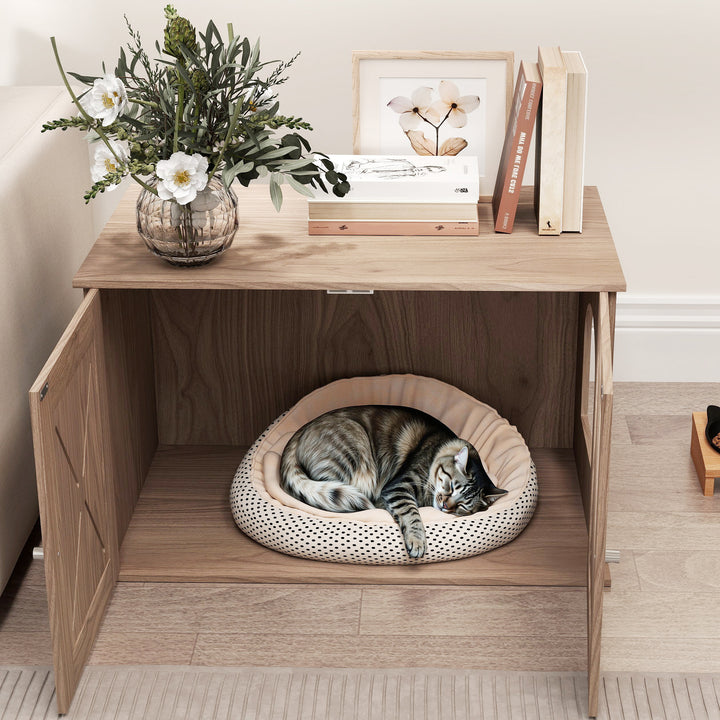 Cat Litter Box Enclosure with Double Doors and Side Entrance, Non-Slip Pads for Living Room, Walnut Brown