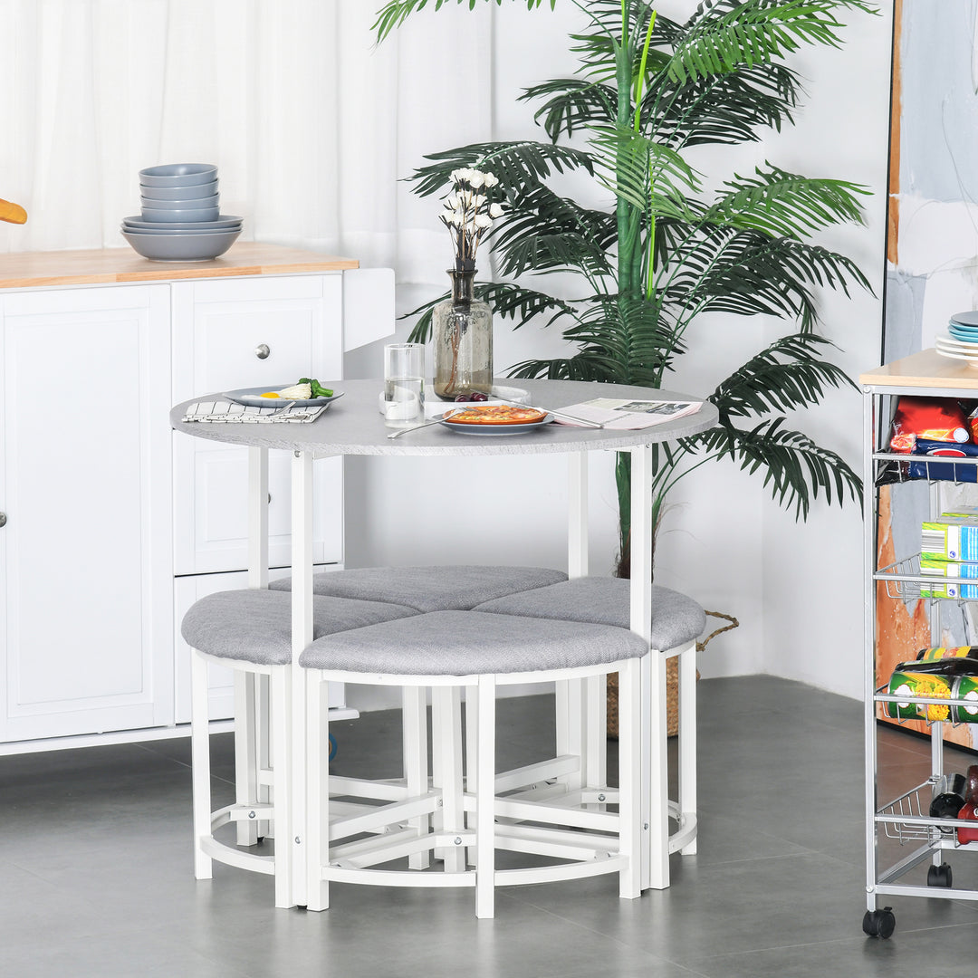 MCL Modern Round Dining Table Set with 4 Upholstered Stools for Dining Room, Kitchen, Grey