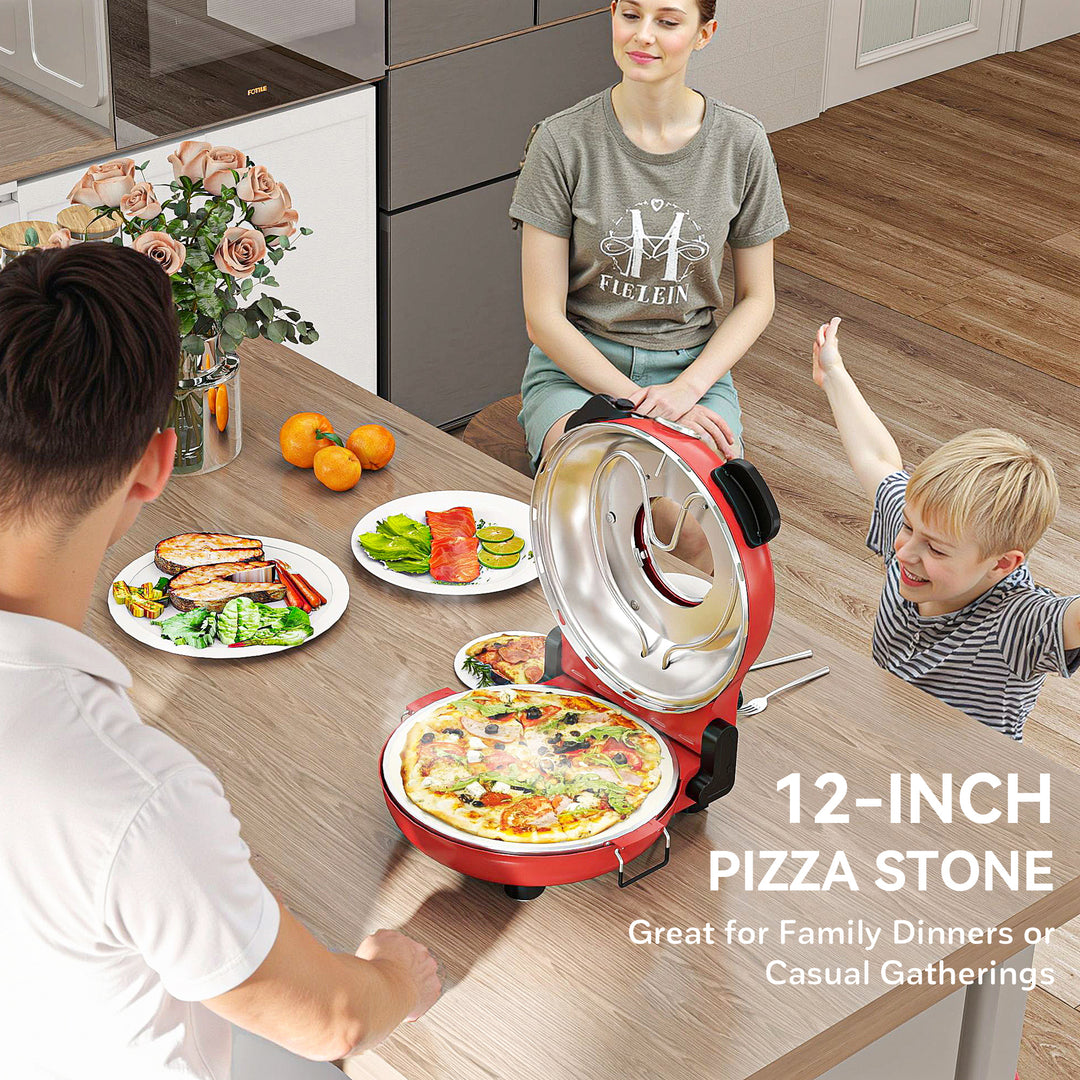 1200W Pizza Oven, 12 Inch Electric Pizza Maker with Viewing Window, Dual Knob Temp & Timer Control, Overheat Protection, Red