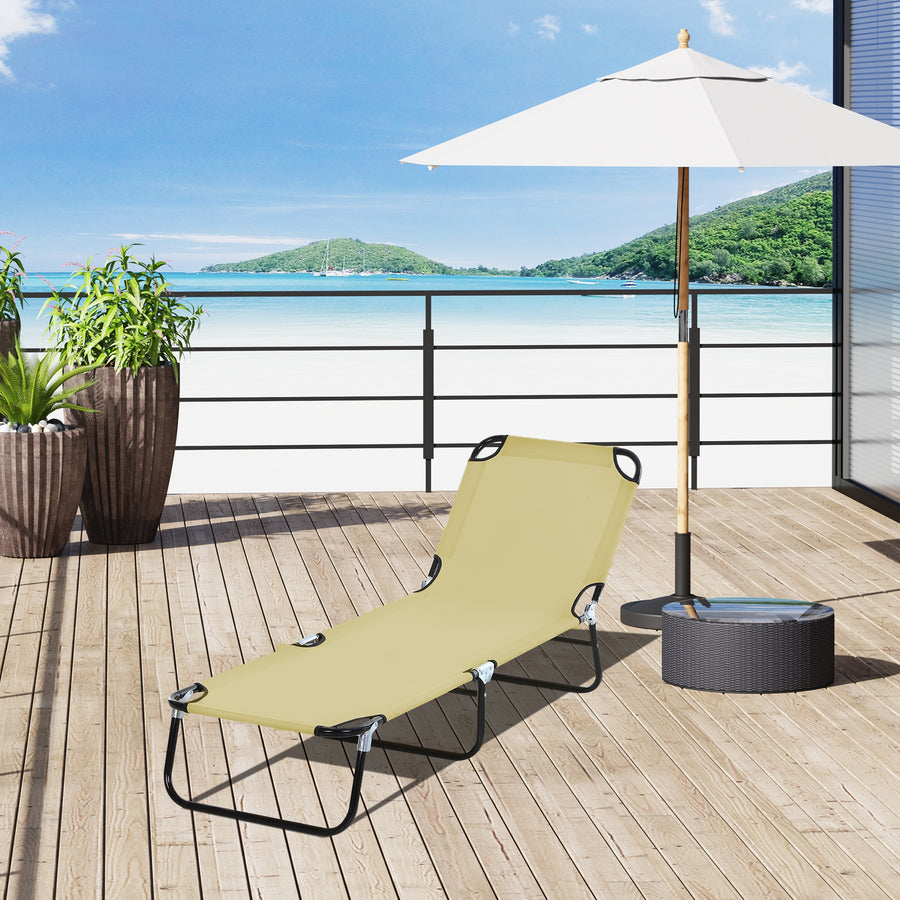 Foldable Sun Lounger with 5-Position Adjustable Backrest, Outdoor Portable Recliner Chaise Lounge Chair with Breathable Mesh Fabric, Beige