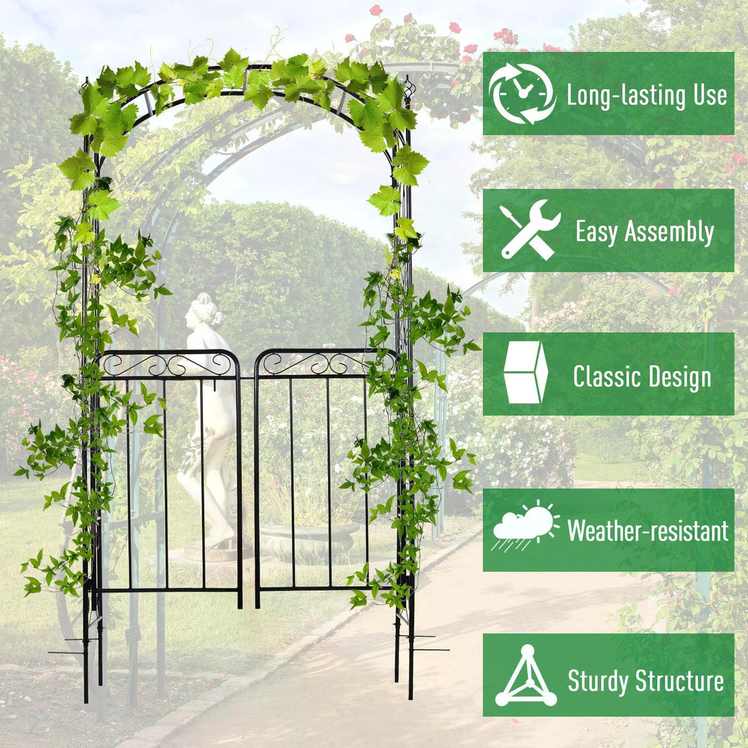 MCL Garden Decorative Metal Arch with Gate Outdoor Patio Trellis Arbor for Climbing Plant Archway Antique Black - 108L x 45W x 215Hcm