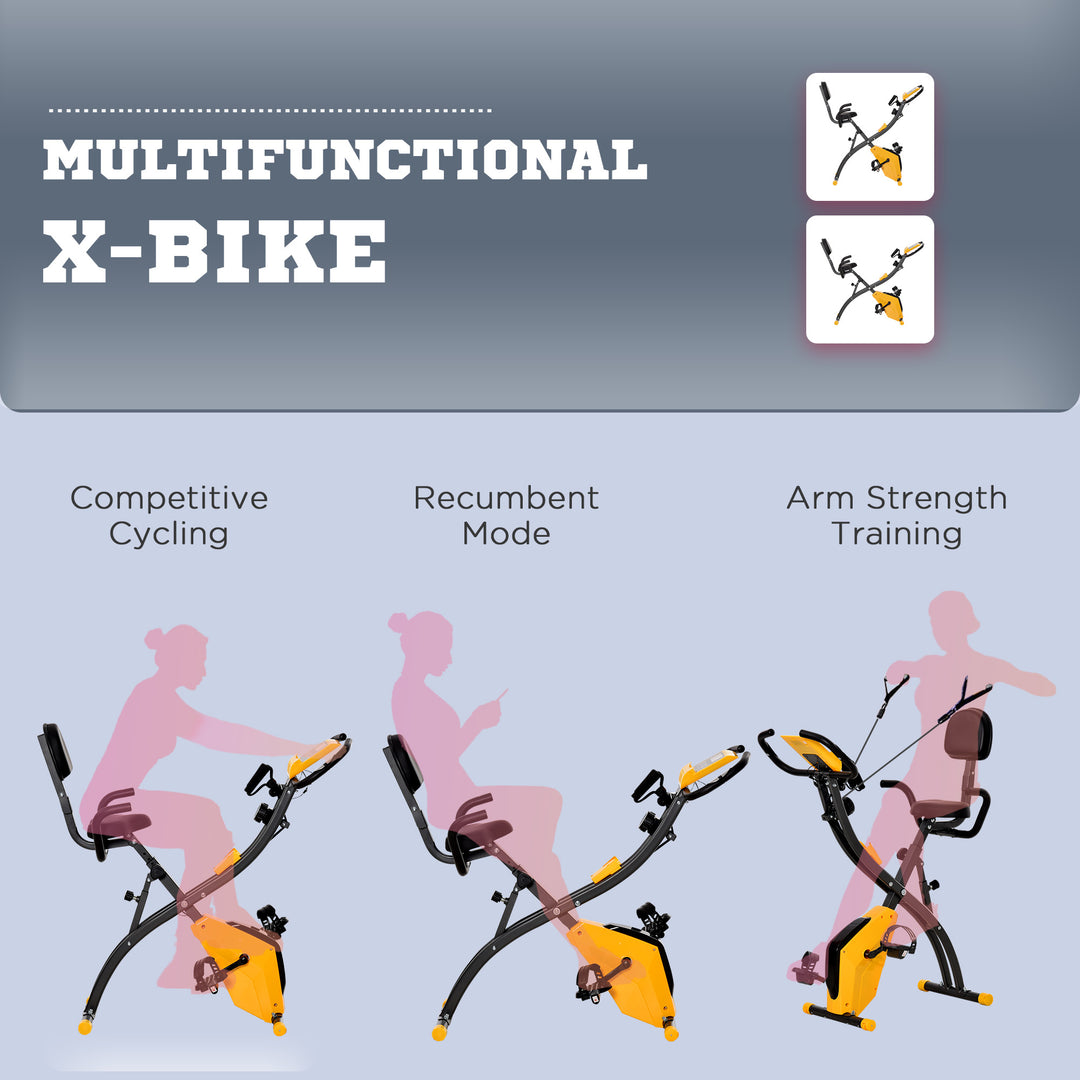 2-in-1 Folding Exercise Bike with 8-Level Magnetic Resistance, Arm Resistance Band, Pulse Sensor, Yellow