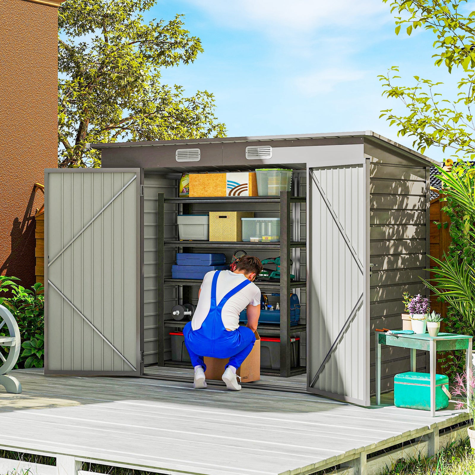 3.7 x 7.9ft Galvanised Steel Shed, with Latched Door and Padlock - Light Grey