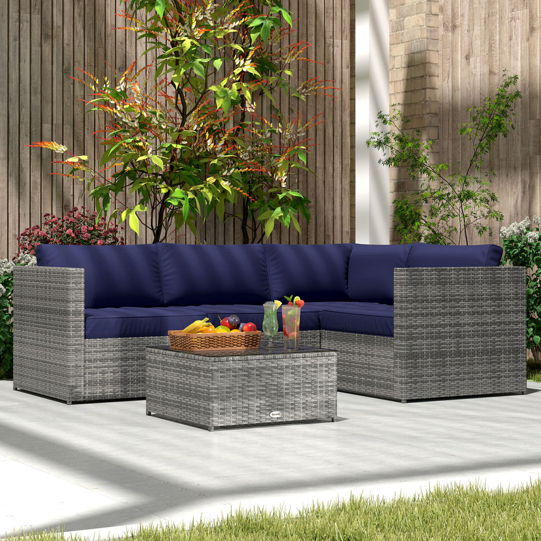 3 Pieces PE Rattan Garden Furniture Set with 10 cm Thick Cushions, 4 Seater Garden Corner Sofa Set with Glass Top Coffee Table, Outdoor Furniture for Patio, Porch, Blue