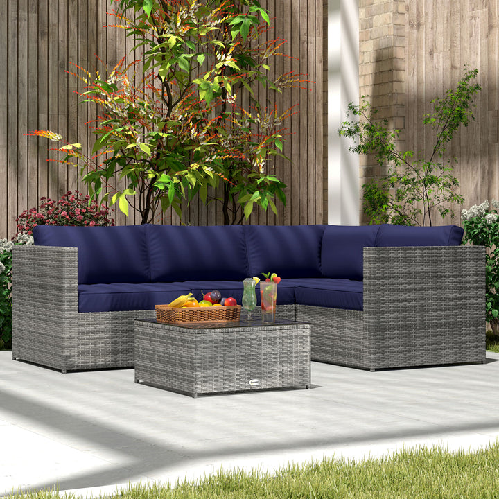 3 Pieces PE Rattan Garden Furniture Set with 10 cm Thick Cushions, 4 Seater Garden Corner Sofa Set with Glass Top Coffee Table, Outdoor Furniture for Patio, Porch, Blue