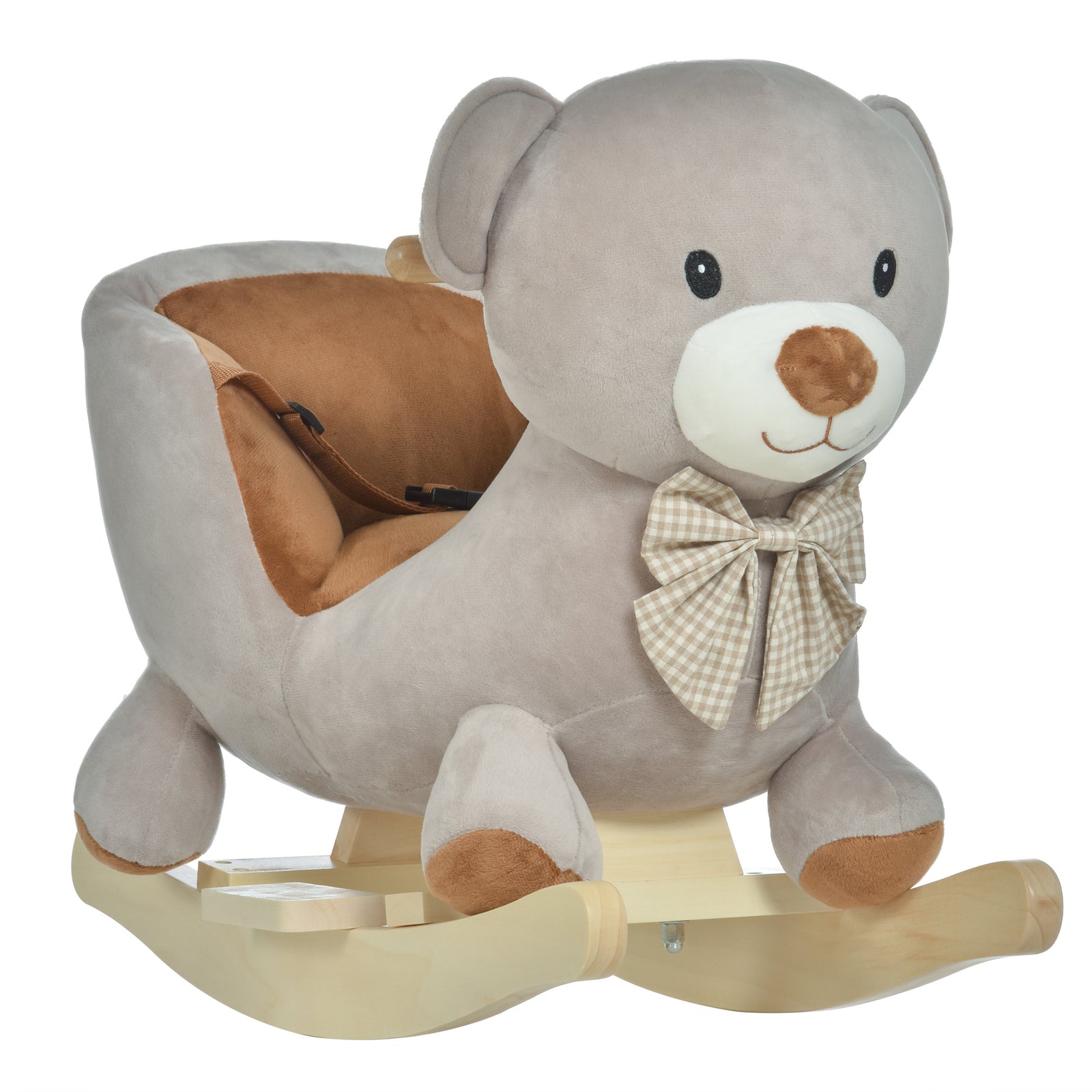 Kids Children Rocking Horse Plush Ride On Bear Seat w/ Sound Wood Base Seat Safety Belt Toddler Baby Toy for 18-36 Months Grey