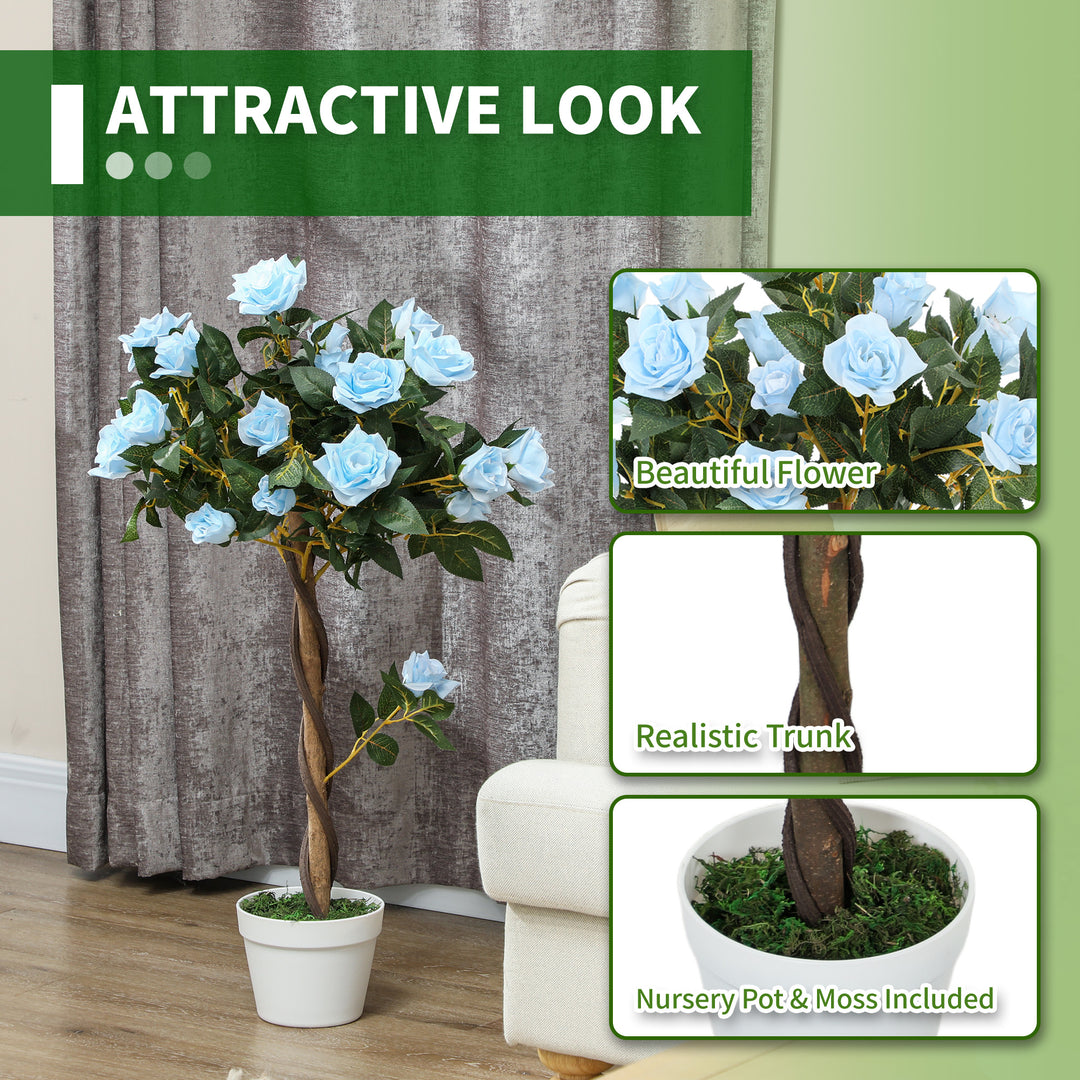 Set of 2 Artificial Plants White Rose Floral in Pot, Fake Plants for Home Indoor Decor, 90cm, Light Blue