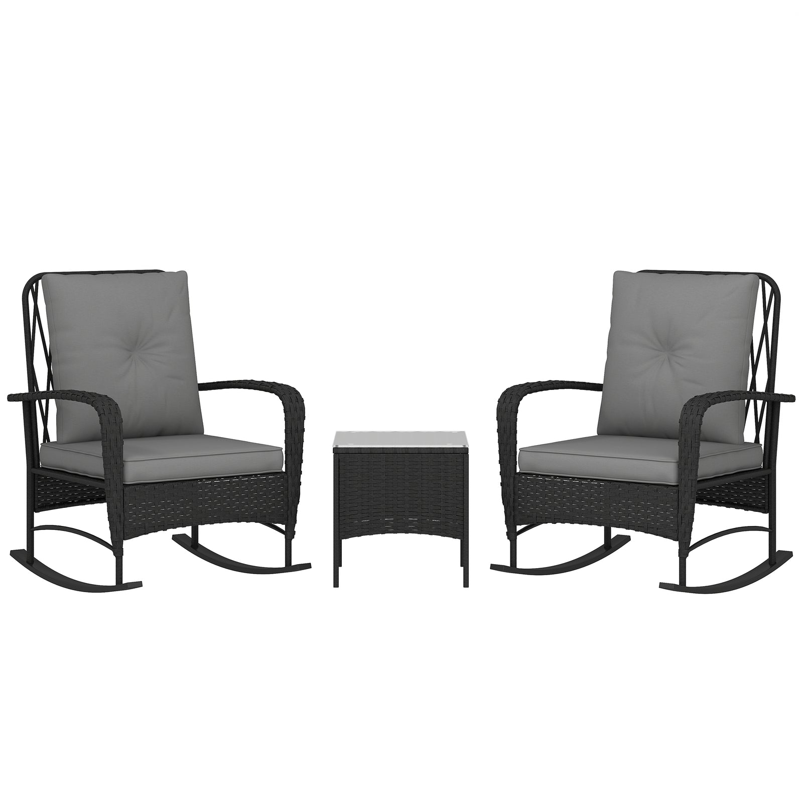 Three-Piece Rocking Chair Rattan Bistro Set - Black