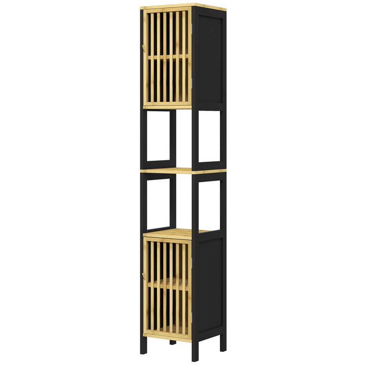 HOMCOM Tall Bathroom Storage Cabinet, Slim Bamboo Bathroom Cabinet with 2 Open Compartments, 2 Slatted Doors and Adjustable Shelves, Black | Aosom UK